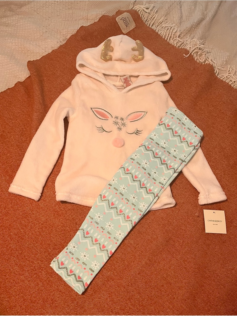 Cynthia Rowley Pink Reindeer Hooded Top with Patterned Mint Leggings - Kids